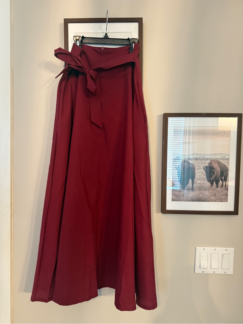 Self-Tie High-Waist Maxi Skirt in Burgundy